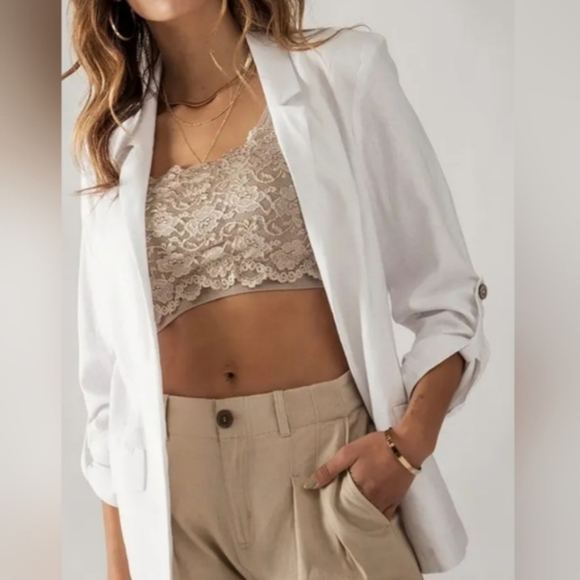 #385 SALE 🛑S,M Boho Linen Open Front Roll Tab Sleeve Blazer - Picture 10 of 16